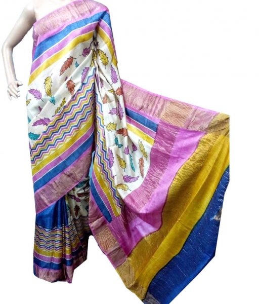 Block Printed Zari Tussar Silk Saree